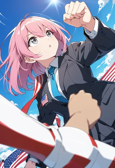 Anime style, low-angle perspective, looking up, pink-haired girl making a fist and raising her hand, gray eyes, blue sky, next to a man wearing sunglasses and a suit. America flag