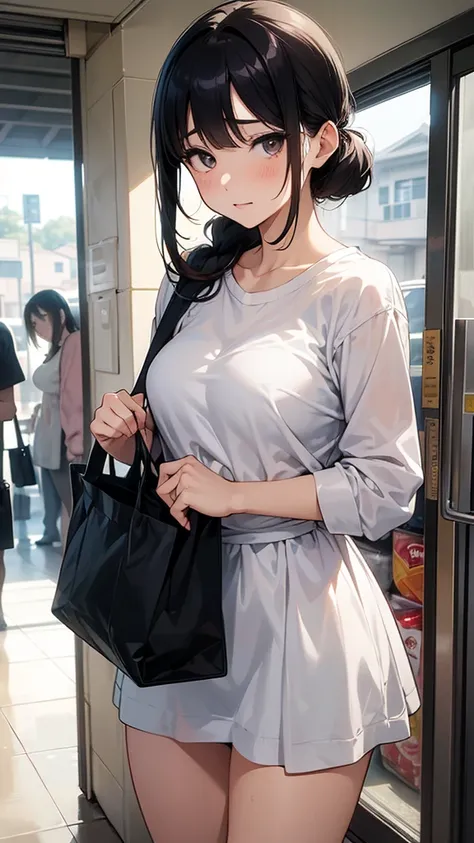 (A work depicting a scene from a manga for adults), housewife, Realistic sized eyes, Droopy eyes, shame, (She is carrying a large plastic bag full of groceries.), ((Spread your legs, banging one&#39;s groin against a stone pillar on the sidewalk to masturb...