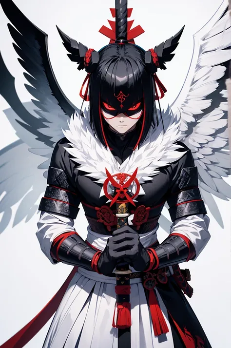 Samurai wearing a mask, with your body half taken over by black magic, using a katana emanating divided power, on your back two wings, one in each color, one being pure white and the other pure black, a demonic archangel