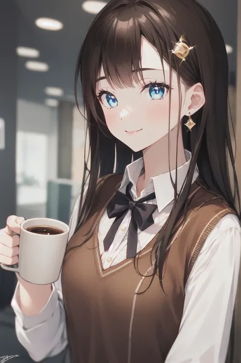 1girl, bangs, blue_eyes, blurry, blurry_background, blurry_foreground, bokeh, bow, breasts, brown_hair, closed_mouth, coffee, coffee_cup, coffee_mug, collared_shirt, cup, depth_of_field, disposable_cup, dress, earrings, eyebrows_visible_through_hair, from_...