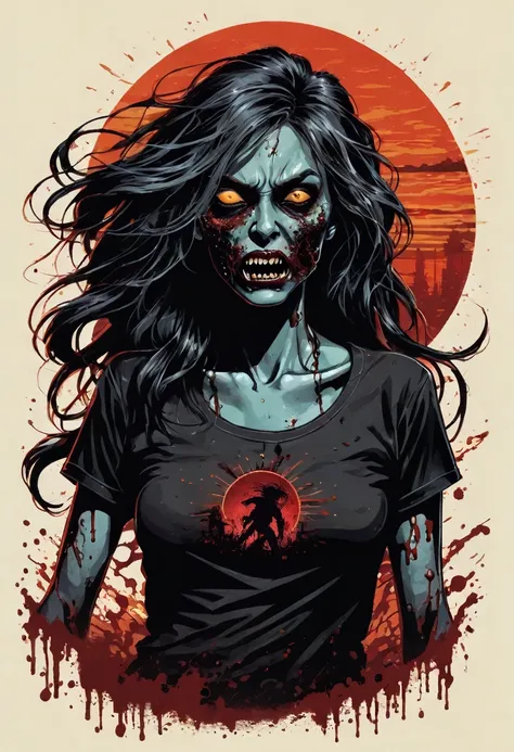 t-shirt design, Design a menacing black t-shirt with a full body woman zombie motif inspired by heavy metal music aesthetics. The artwork features a sleek, woman zombie coiled sinuously, its scales glistening in the dim light. woman zombies mouth is wide o...