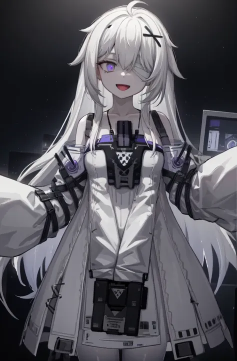 white hair, long hair, one eye is bandaged, purple eyes, (glowing eyes:1.1), x hair accessories, bare shoulders, empty eyes, sha...