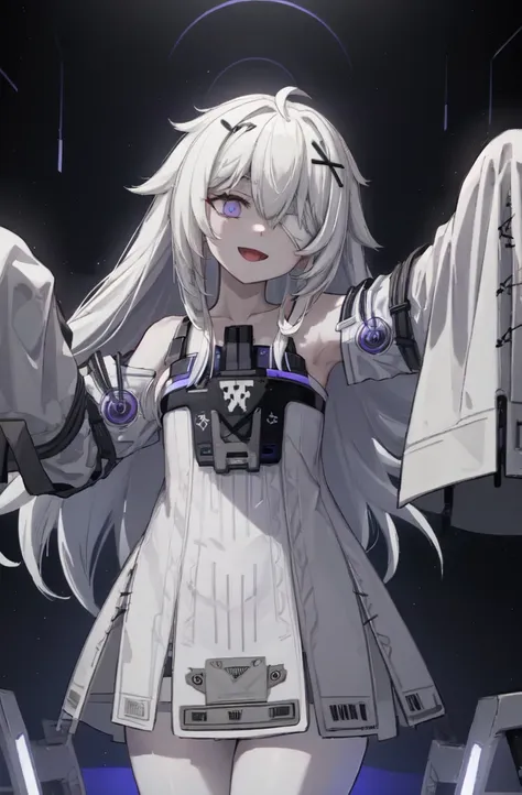 white hair, long hair, one eye is bandaged, purple eyes, (glowing eyes:1.1), x hair accessories, bare shoulders, empty eyes, sha...