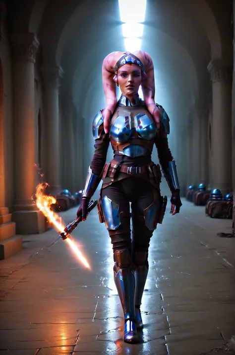 a ((fall body)) ((female twi'lek ))mandalorian,walking on fire, beautiful detailed eyes, beautiful detailed lips, extremely deta...