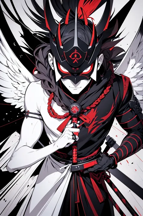 Samurai wearing a mask, with your body half taken over by black magic, using a katana emanating divided power, on your back two wings, one in each color, one being pure white and the other pure black, a demonic archangel, with only black and white details ...