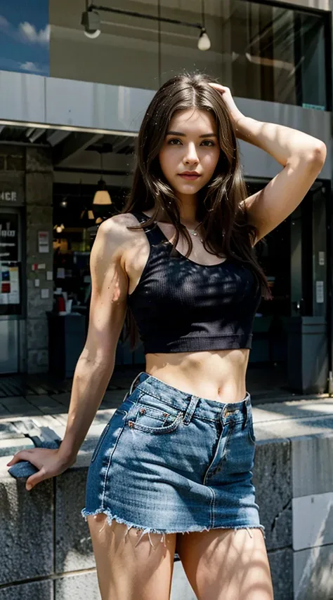 ultra realistic, ultra high definition, curvy and sexy body shape , ultra life-like surrounding, looking at viewer, 22 years old, random color tight tank top, ripped jeans mini skirt, long wavy brown hair hair, 1.5 meters away，hdr，Extremely high image qual...