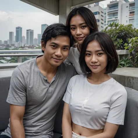 Medium shot of a 35 year old indonesian man, fit body, ideal body, oval face, white skin, nature skin, medium hair, wearing a shirt , side by side with a 30 year old indonesian woman with, gray crop tot, they smile facing the camera, eye to camera, eye lev...