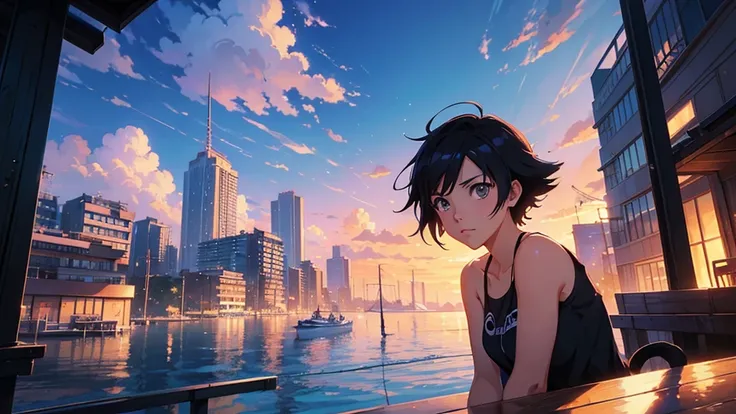 anime scene of a cat sitting on a dock with a building in the background, concept art inspired by Makoto Shinkai, trending on cg society, conceptual art, makoto shinkai cyril rolando, anime movie background, colorful anime movie background, style of makoto...