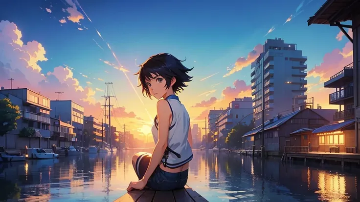 anime scene of a cat sitting on a dock with a building in the background, concept art inspired by Makoto Shinkai, trending on cg society, conceptual art, makoto shinkai cyril rolando, anime movie background, colorful anime movie background, style of makoto...