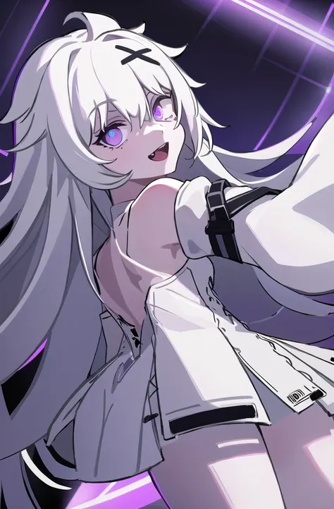 white hair, long hair, one eye is bandaged, purple eyes, (glowing eyes:1.1), x hair accessories, bare shoulders, empty eyes, sha...