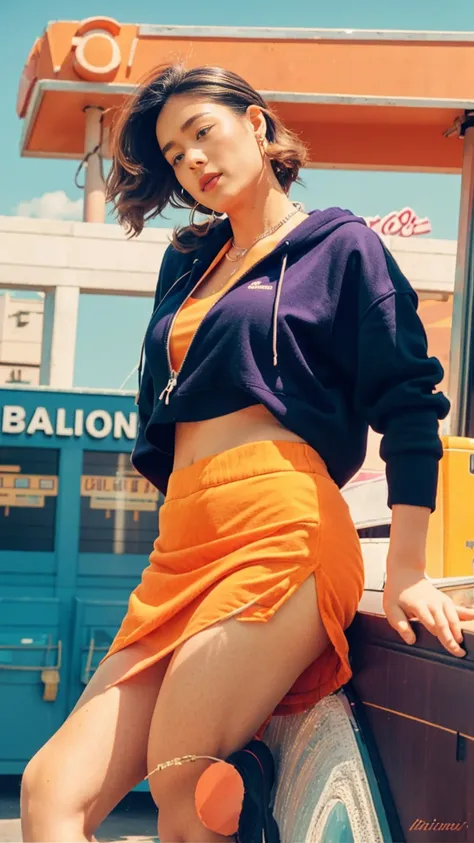 (medium cinematic shot portrait), of cute 23 yo girl (perfect plump body) ,wear ((orange color oversized_hoodie)), wear ((purple...