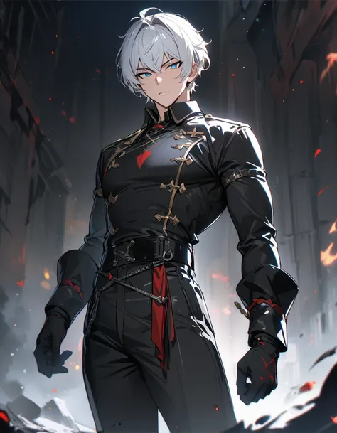 1 male, short hair, white hair, blue eyes, diluc clothes, (best quality,4k,highres,masterpiece:1.2), slightly muscular