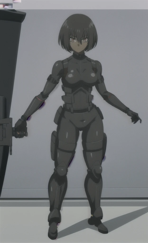 90s anime thin grown black skinned women with short black hair wearing a swat gear full body 