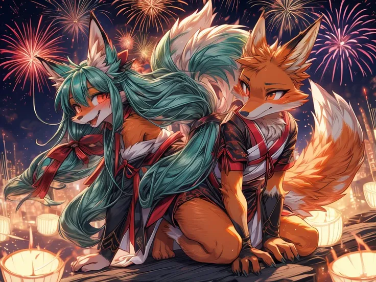 The best quality, Japanese adolescent hatsune miku x kitsune , fox face elongated snout add-detail, Surprise face, sweaty body, heated add_detail,, kitsune warrior in the spring hanami add_detail:1, barefoot add_detail:1 mistycal aura, demon slayer style e...