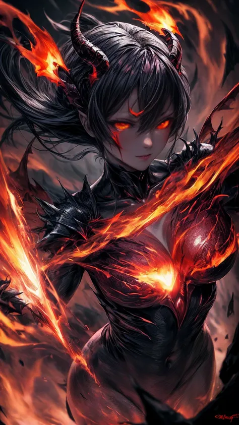 Storyboard, masterpiece, highest quality, dragonlady queen, perfect demoness, bright red glowing eyes, detailed eyes (1.4), scars on face, villainous expression, flaming skin body with bioluminescent glowing pattern, ready for battle, blurred stormy backgr...