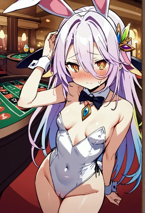 NSFW,masterpiece,Highest quality,High resolution,Very detailed,white(no game No life),Small breasts,Bunny ears,Playboy Bunny,casino,Holding Tray,Sluggish face,blush,Are standing