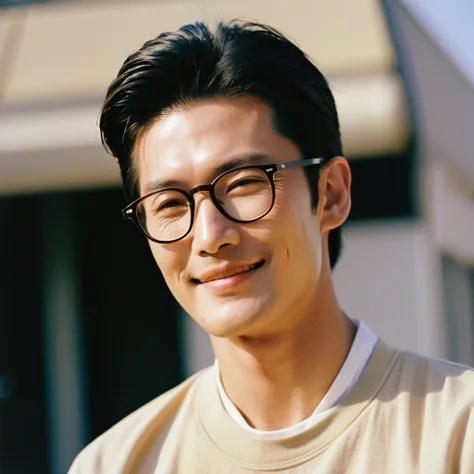 Closeup profile angle portrait photo of a handsome cool face Japanese idol man, quiff hairstyle, still from the film, (이민호 look alike face: 0.9), wearing a beige tranparent t-shirt and glasses, smile, hyperrealistic photography, Leica SL3, Summicron-SL 75 ...