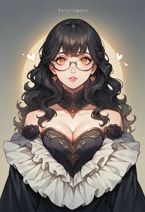 A realistic 20 year old princess of darkness. She has amber eyes. Black Hair with meidum length. She has wavy hair. She has front bangs. She wears big square glasses. she is beautful but cunning Wearing all black princess gown. She has a heart shaped face....