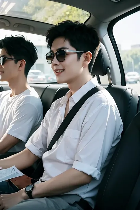 Two young Chinese men，Shirt sunglasses，Drive in the car，Talking and laughing