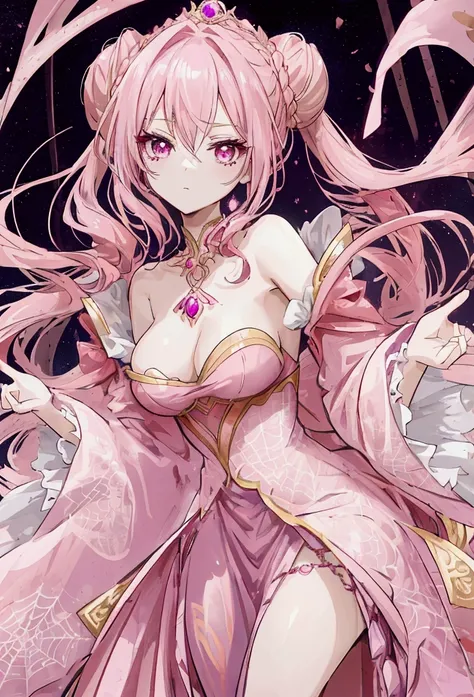 Create an anime-style girl with deep magenta eyes and long, wavy pink hair styled in an elegant updo. She is slender with small breasts. She wears a regal, ethereal dress with elegant and fantasy elements, featuring a gold, pastel pink, and rose gold color...