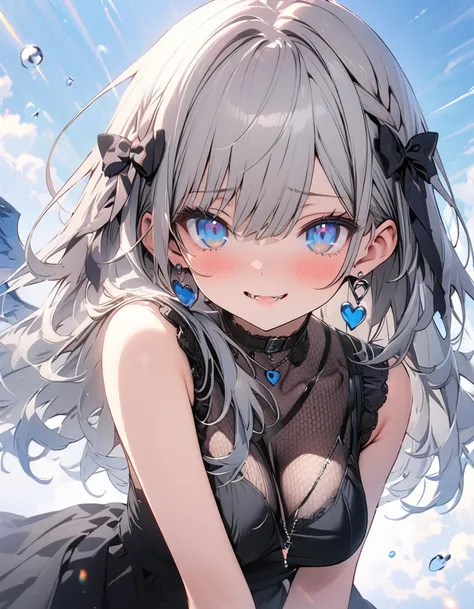 (Best quality, 8k, 32k, Masterpiece, UHD,:1.2),RAW, human, 1girl,ultra cute , ultra cute, natural lighting,transparent shining eyes, 20yo,medium breast ,femur, fair complexion , flushed face, ,breast, beautiful girl, Gray Hair, blue eyes,blue eyes,Black un...