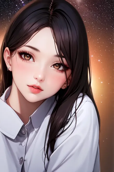 1 girl, beautiful face, ((white eyes)), pose sexy, red moon in the background, stars, space, (light room:1.13), luz outfit, (Natural skin texture:1.2), (hyperrealism:1.2), sharp focus, in focus,[[realist]]