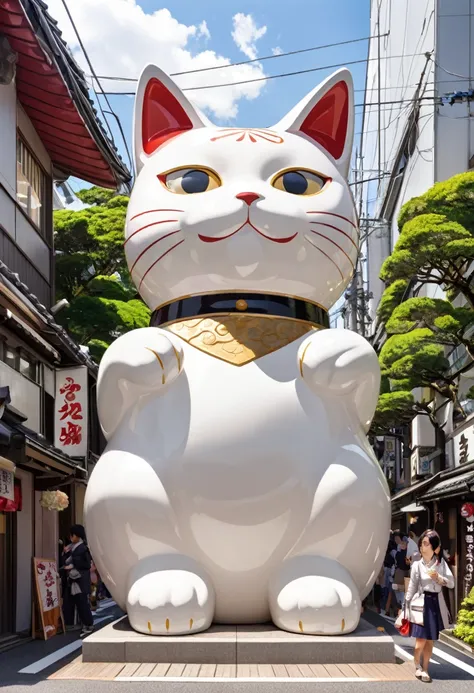 Highest quality, Highest quality, 16K, Unbelievably absurd, Very detailed, delicate and dynamic, Natural light, A giant ceramic beckoning cat figurine,  30m tall beckoning cat, Tokyo Japan 