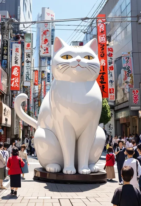 Highest quality, Highest quality, 16K, Unbelievably absurd, Very detailed, delicate and dynamic, Natural light, A giant ceramic beckoning cat figurine,  30m tall beckoning cat, Tokyo Japan 