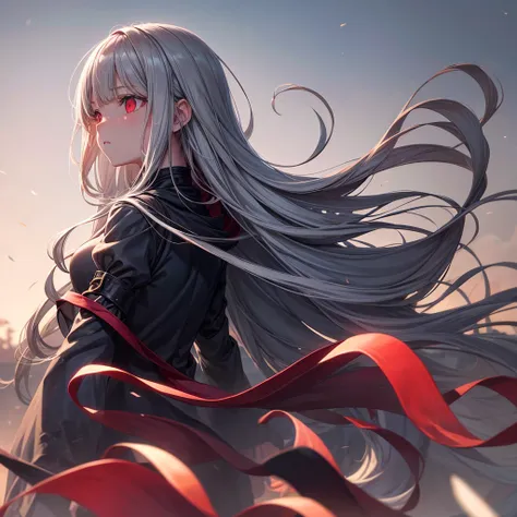 One girl, Long Hair, High resolution, Gaze, Food, Gray Hair, Simple Background, far and near method, Illustration, Hair blowing in the wind, Deco bangs, Red eyes, Sad, mysterious, Diagonally from the side,beautiful