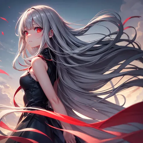 One girl, Long Hair, High resolution, Gaze, Food, Gray Hair, Simple Background, far and near method, Illustration, Hair blowing in the wind, Deco bangs, Red eyes, Sad, mysterious, Diagonally from the side,beautiful