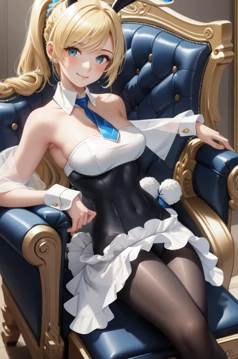 (best quality),(masterpiece), (Extremely detailed 8k wallpaper),Blonde Hair，Emerald eyes，masterpiece, best quality, 1girl, 1struler, ponytail, braid, fake rabbit ears, detached collar, short necktie, blue necktie, bare shoulders, white leotard, cleavage, n...