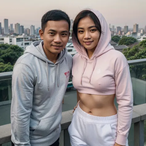 Medium shot of a 35 year old indonesian man, ideal body, oval face, white skin, nature skin, medium hair, wearing a hoodie , side by side with a 30 year old indonesian woman with, pink crop top, they smile facing the camera, eye to camera, eye level angle ...