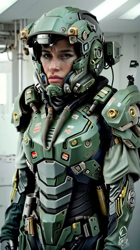 one girl, alone, view your viewers, blue eyes, upper body, armor, lips, helmet, sf, realistic, cable, cyborg, power armor, cyber...