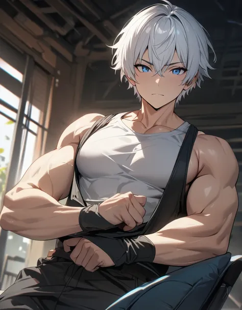 1 male, short hair, white hair, blue eyes, (best quality,4k,highres,masterpiece:1.2), slightly muscular