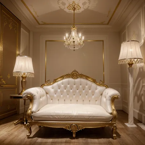 lit araffe avec un baldaquin et un cadre doré et un lit blanc, extrêmement opulent, Élégant et orné, opulent, lavish Baroque rococo setting, intérieur royal, meubles de luxe, # rococo, style rococo, orné et élégant, Baroque rococo, opulence, Riche draperie...