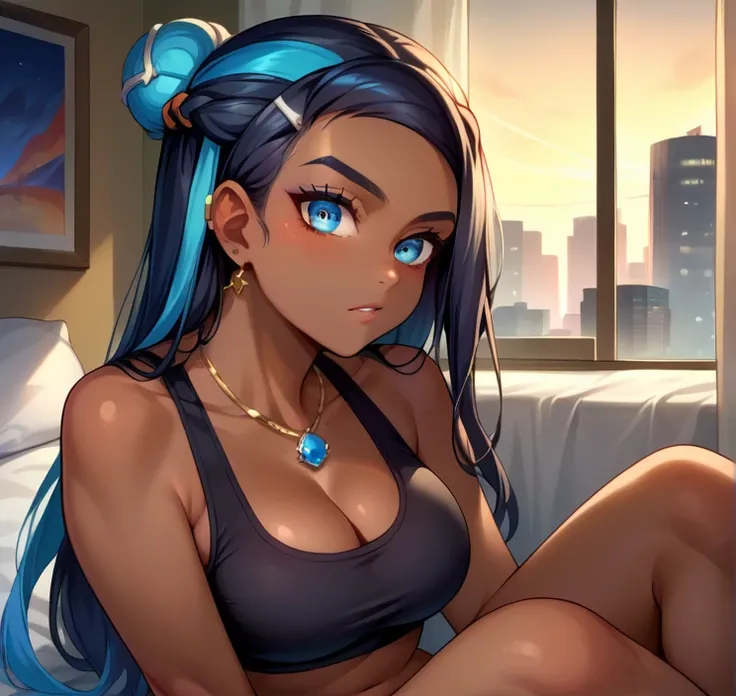 score_9, score_8_up,score_7_up, source_anime, 1girl, solo, EPpkNessa, blue eyes, black hair, blue hair, streaked hair, single hair bun, dark skin, dark-skinned female, necklace, ear piercing, black sports bra,shorts,bedroom, at a dark room, at night , city...