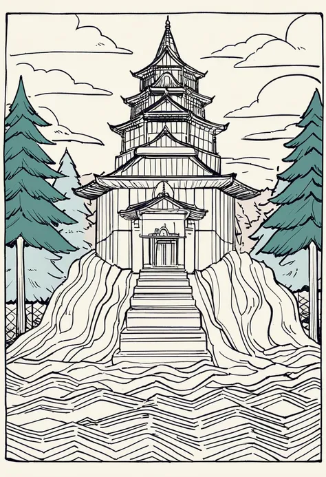 A simple and accurate coloring book style illustration of Rokkakudo in Kitaibaraki, featuring the iconic red hexagonal building. The scene includes gentle waves of the sea, a low cliff, and pine trees. The illustration should be easy enough for elementary ...