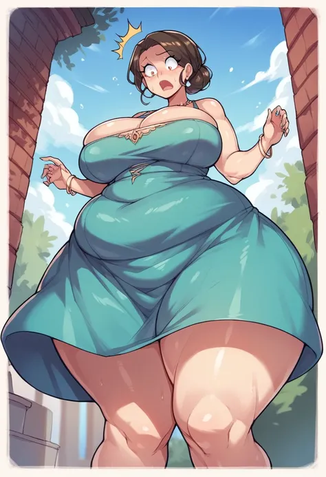 score_9, score_8_up, score_7_up, 1girl, cartoon, milf, hyper fat, dress, looking down, shocked