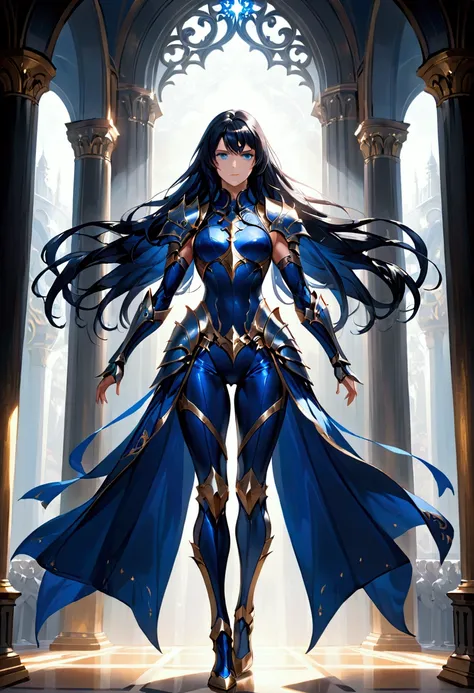 long black hair, dark blue eyes, tall athletic body,armor