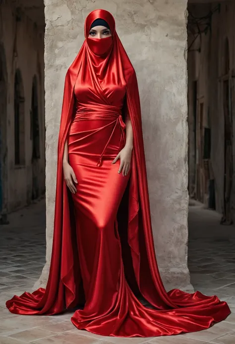 a sexy a woman covered in large red satin cloth, tied tightly with the satin cloth, mummified, the satin hanging down very long, a mermaid style dress, wearing a satin hijab, the satin cloth is very long, forming the curve of the body, flowy satin about 4 ...