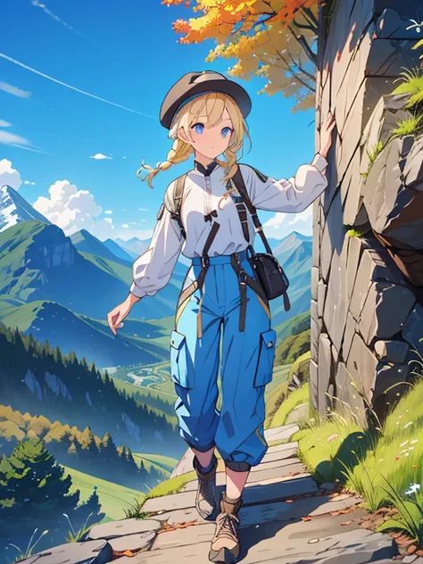 Blonde hair with light blue tips,Braiding,blue eyes,Black Feather,blue sky,Mountain climbing、Mountain road of autumn leaveountain climbing hat、Climbing trousers、Standing and walking、