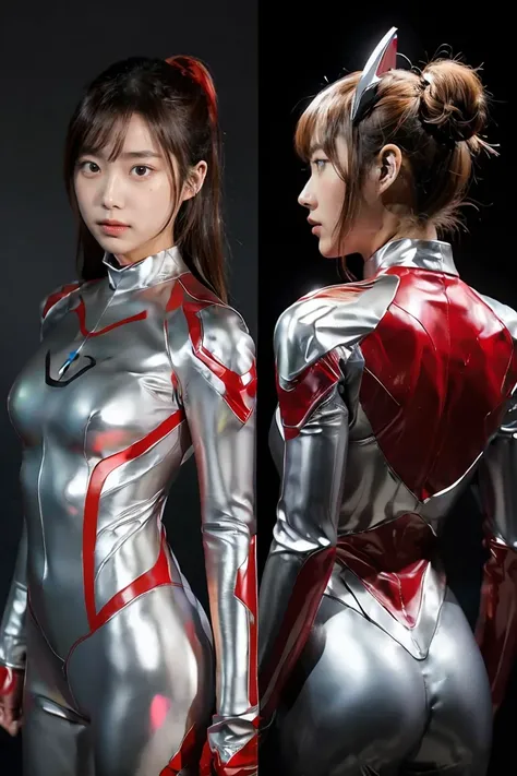 Ultraman、realistic、realistic、cinematic lighting, Girl in a shiny red and silver suit、15 years old、professional photos、Don&#39;Do not expose your skin, japanese model, japanese cgi、Ultraman Suit、, Power Rangers Suit、tight and thin cyber suit,Whole body rubb...