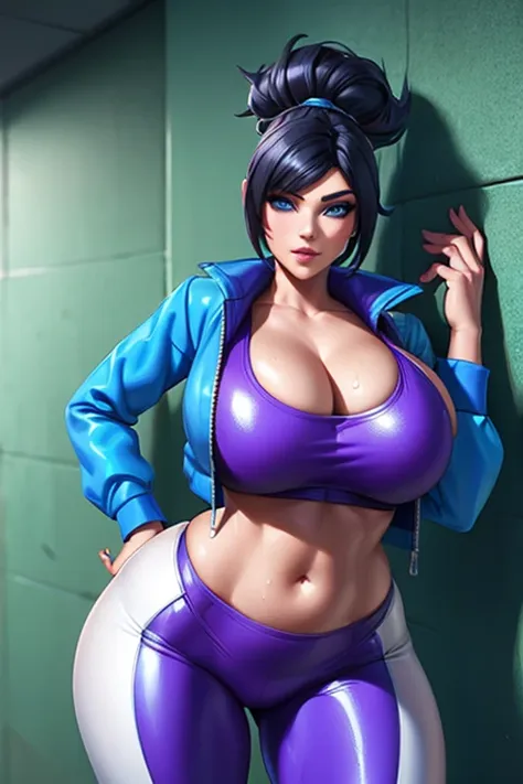 4k, masterpiece, high resolution, 3d art style, akali, 1girl, black hair, blue eyes, thick lips, slender hips, thick thighs, thi...