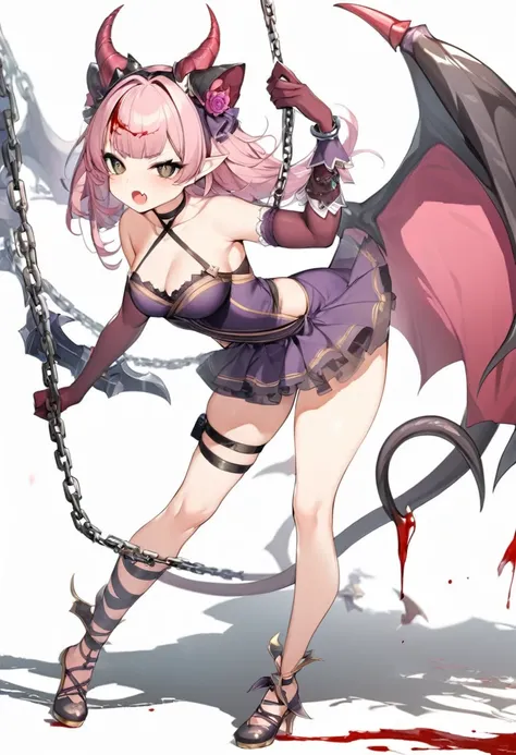 1girl,full ,full body,girly pose,dynamic pose,chained,blood in hair,string choker,body ,tail wrap,thigh strap,tattoo,solo, long hair, open mouth, weapon, pink hair, horns, pointy ears, fang, colored skin, demon girl, claws, colored sclera, black sclera, st...