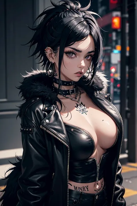 1woman, feminine, messy wolfcut black hair, black eyes, ear piercings, face piercings, tattoos, wearing black tube top, wearing punk fur jacket, wearing black jeans, night, high res, ultrasharp, 8k, masterpiece, looking at viewer