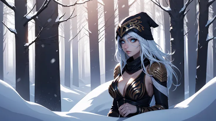 league of legends ashe, warrior, (masterpiece, best quality), beautiful woman, outdoor snowy forest of pine trees, snow storm, l...