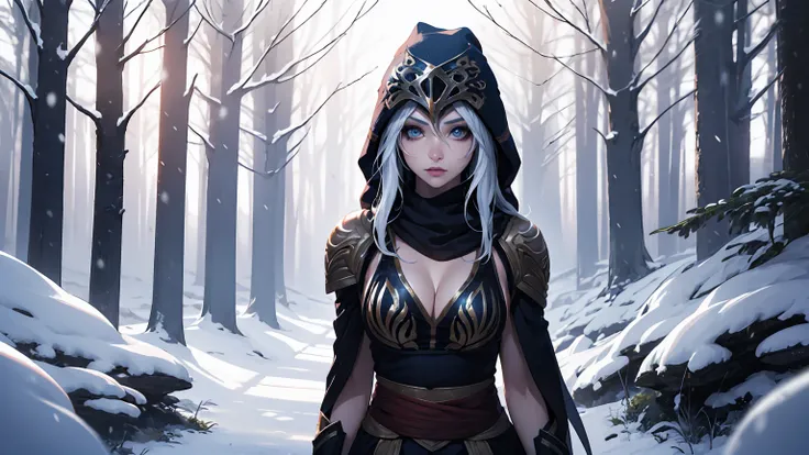 league of legends ashe, warrior, (masterpiece, best quality), beautiful woman, outdoor snowy forest of pine trees, snow storm, l...