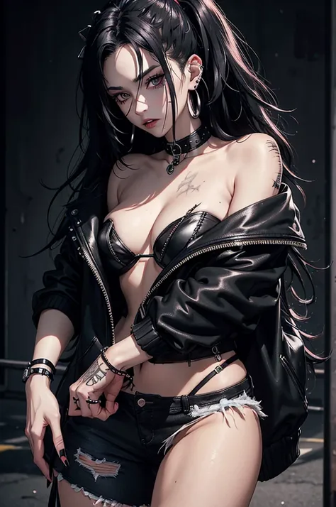 1woman, feminine, messy wolfcut long black hair, black eyes, ear piercings, face piercings, scars, wearing black tube top, wearing punk fur jacket, wearing black jeans, night, high res, ultrasharp, 8k, masterpiece, looking at viewer