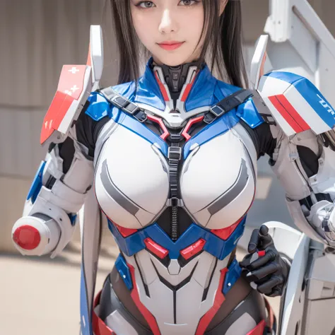 best quality，masterpiece，1 giant machine ultraman girl，mecha maiden，mechanical parts，long hair，巨large breasts，mechanical armor，r...