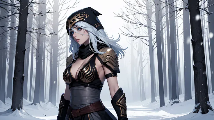 league of legends ashe, warrior, (masterpiece, best quality), beautiful woman, outdoor snowy forest of pine trees, snow storm, l...